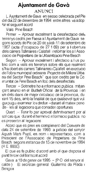 Anuncio Oficial publicado por el Ayuntamiento de Gav en el diario La Vanguardia sobre el acuerdo del Pleno del Ayuntamiento de Gav de Diciembre 1994 para abrir las calles Calafell y Tellinaires a travs de Pine Beach (19 de Enero de 1995)